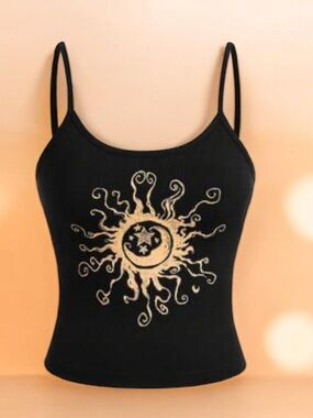 Black Sun & Moon Graphic Spaghetti Strap Tank- NWOT